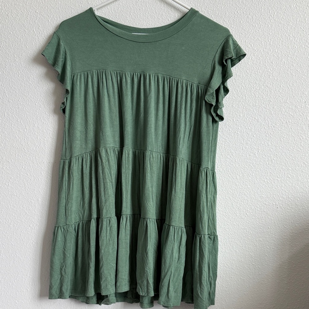 Green Ruffle Sleeve Tiered Dress